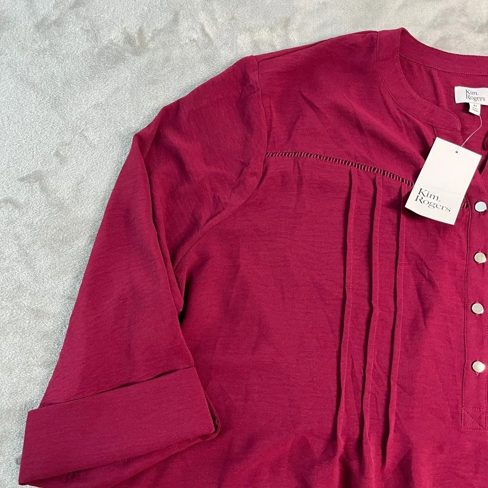 NWT Kim Rogers Womens 4X Sangria Red Pintuck Roll Tab 3/4 Sleeve Blouse Office